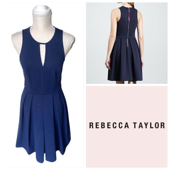 Rebecca Taylor Pleated Keyhole Dress in Navy Blue - Picture 1 of 15